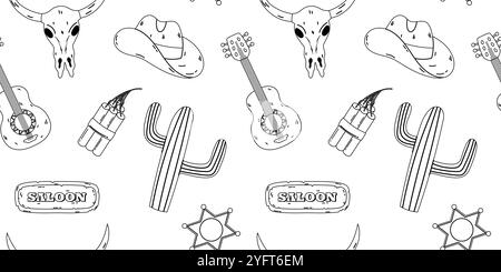 Seamless Wild West black and white pattern featuring cowboy hats, cacti, guitars, bull skulls, saloon signs, and sheriff badges. Outline vector design Stock Vector