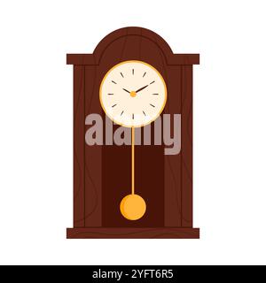 Antique wall hanging clock with dial and ticking golden pendulum to measure time vector illustration Stock Vector