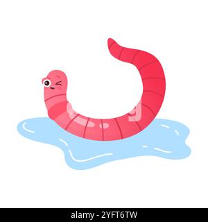 Cute pink worm crawling in puddle of rain water, winking maggot vector illustration Stock Vector