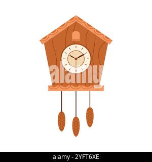 Cute antique wall clock with cuckoo, hanging pine cone pendulums vector illustration Stock Vector