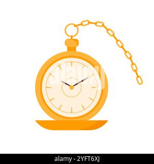 Gold vintage pocket watch with chain, circle dial and open cover vector illustration Stock Vector