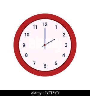 Round classic wall clock with arrows on dial, numbers and red frame vector illustration Stock Vector