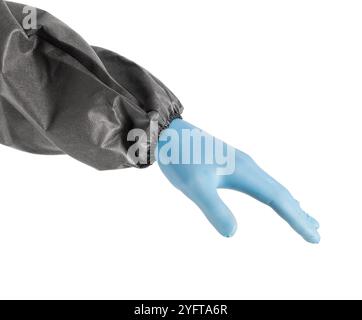 Hand in a protective gray suit and rubber blue gloves on a white background. The concept of safety. Stock Photo