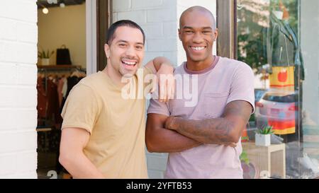 Portrait Of Two Smiling Male Sales Assistants Standing Outside Clothing Fashion Store Stock Photo