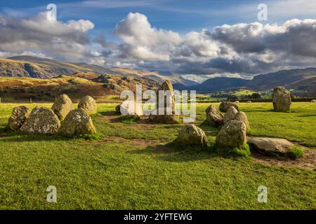 Castlerigg Stone Circle with Helvelyn Mountain in the background, Lake District, Cumbria, England Stock Photo