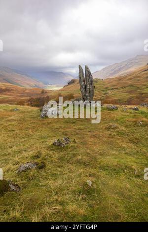 The Praying Hands of Mary is a famous split rock above remote Glen Lyon in the Scottish Highlands Stock Photo