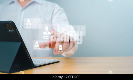 Hr, HRM, Human resources management concept. Check resume, Screening employee information, job applicants, Employees must complete the online survey f Stock Photo