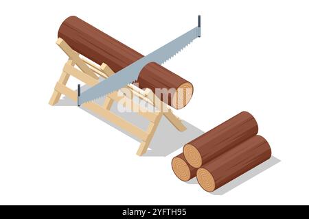 Isometric Sawing logs two-handed saw isolated on white. Lumberjack, Woodcutter, builder or carpenter instruments. Woodworking process. Handmade work. Stock Vector