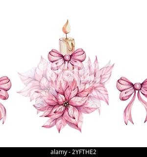 Watercolor seamless pattern - christmas candle with fir and red poinsettia flowers. Hand painted compositions. Border, ornament. Winter holiday Stock Vector