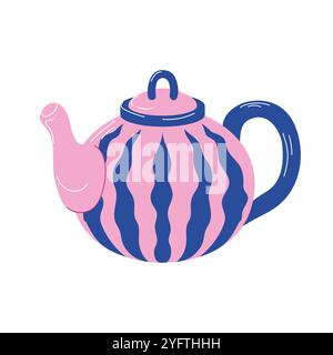 Pink teapot with blue wavy stripes in flat style. Perfect for kitchen decor, tea lovers and modern interior theme. Isolated on a white background. Stock Vector