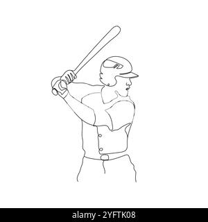 Baseball player practice to hit the ball. American cricket man player. Sport exercise concept. One line vector illustration. Stock Vector