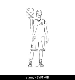 Basketball player spining ball in hand. One line art. Athlete in sport uniform. Vector illustration Stock Vector