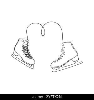 Pair of figure ice skates in one line drawing style. Winter accessories for skating and sport. Hand drawn vector illustration. Stock Vector