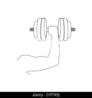 Hand holding dumbbell. One line art. Athletic sportsman arm holding dumbbell. Gym and fitness concept. Vector illustration. Stock Vector