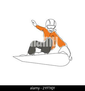 Snowboarder riding snowboard. One line drawing art. Jumping snowboarder. Winter, tourist sport concept. Hand drawn vector illustration. Stock Vector