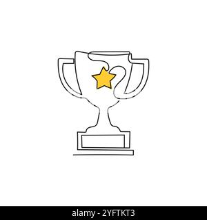 Trophy cup with a gold star in one line style. Black winner cup isolated on white background. Vector illustration. Stock Vector