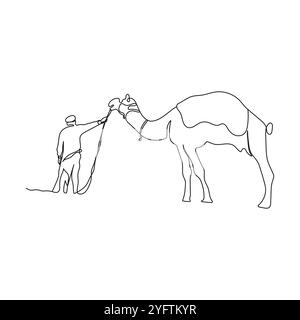 Arab man with camel on the desert. One line drawing art. Hand drawn vector illustration. Stock Vector