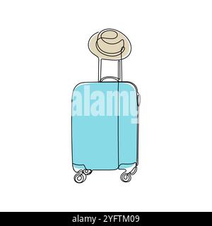 Suitcase and hat with colored spots in continuous one line drawing style. Travel concept. Hand drawn vector illustration. Stock Vector