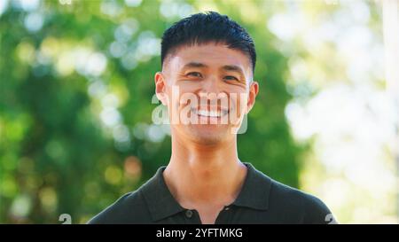 A young man stands confidently in a park, smiling broadly while enjoying the warm sunshine. The vibrant greenery of trees in the background enhances t Stock Photo