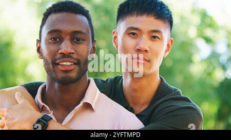 Two men share a joyful moment in a sunlit park, embracing each other affectionately. Their smiles radiate warmth, reflecting a strong bond as they enj Stock Photo
