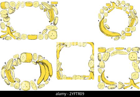 Tropical yellow bananas frames design set. vector graphic cartoon collection for wedding invite, brochure template, restaurant menu Stock Vector