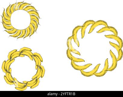 Set fruits bananas round circle frames. Vector graphic cartoon Healthy lifestyle eating. Farmers market. Yellow Stock Vector