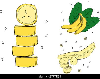 Stylish summer composition banana set in graphic cartoon style. Bright fruit compositions. Hello Summer, backgrounds with slices of fruits. Vector ill Stock Vector