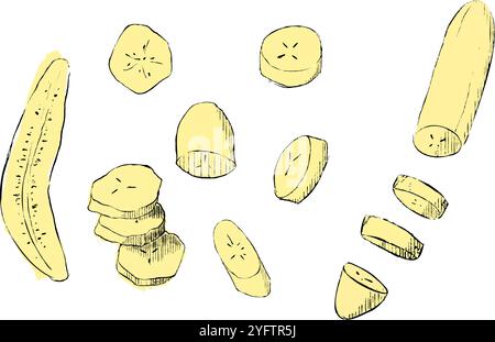 Banana slices set, graphic illustration. Fruit drawing, vector illustration. Stock Vector