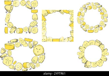 Fruit frame set. Banana slices different vector frames. Vector background. Cartoon graphic stile Stock Vector