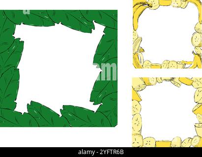 Vector illustration. Set of three tropical frames with leaves and bananas. Graphic cartoon illustration. Place for your text. White background isolate Stock Vector