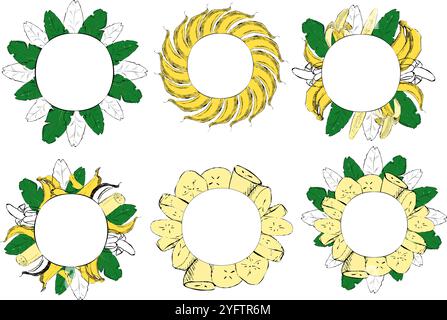 Round circle frames set with tropical leaves and bananas and modern typography. Vector graphic cartoon illustration. Design templates for branding, ad Stock Vector