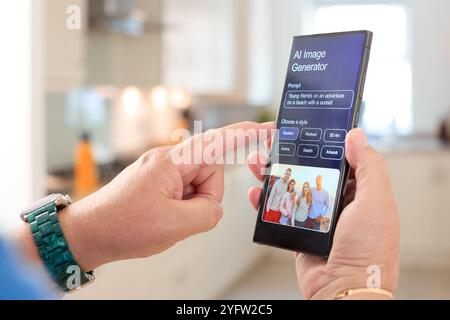 A person is using their smartphone to explore an AI image generator application in a contemporary kitchen. The screen displays options for generating Stock Photo