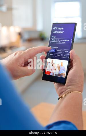 A person is interacting with a mobile application focused on AI image generation while seated in a bright, modern kitchen. The touchscreen displays op Stock Photo