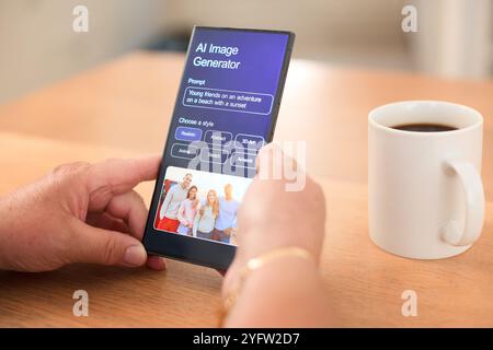 A person is using their smartphone to explore an AI image generator application in a contemporary kitchen. The screen displays options for generating Stock Photo