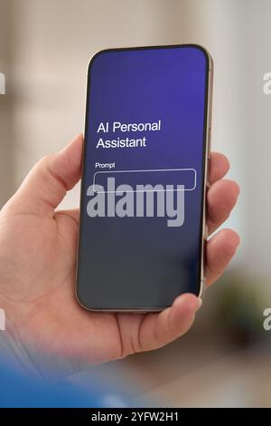 A person holds a sleek smartphone displaying an interface for an AI personal assistant. The vibrant screen prompts user interaction, indicating a tech Stock Photo