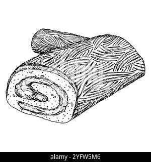 A festive yule log cake, buche de Noel, Christmas holiday meal featuring, rolled pastrie. A detailed black and white hand drawn ink vector Stock Vector