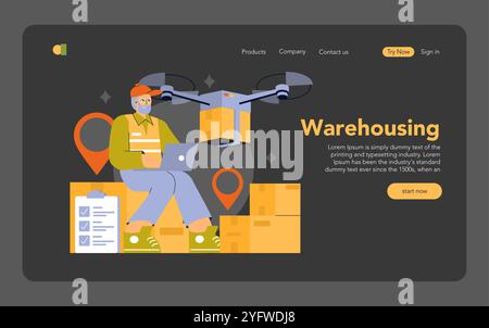 Warehouse management concept. A worker monitors delivery drones amidst packages, depicting efficient logistics. Vector illustration. Stock Vector