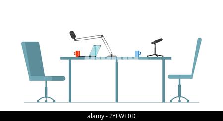 Radio station studio interior. Table, chairs with microphones and laptop. Professional equipment for music programs and podcast broadcasting. Media industry. Isolated on white background Stock Vector