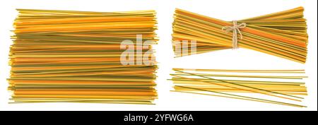 Colorful spaghetti tricolore pasta isolated on white background. Top view. Flat lay Stock Photo
