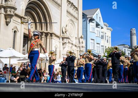 San Francisco, California, USA. 13th Oct, 2024. U.S. Marines, attached to the 1st Marine Division Band, and U.S. Navy, attached to Navy Band Southwest, march in the San Francisco Italian Heritage Parade during San Francisco Fleet Week 2024 October 13. SFFW, now in its 43rd iteration, is a time-honored sea service celebration that allows citizens of the Bay Area to witness todays maritime capabilities firsthand. Nearly 2,500 Sailors, Marines, and Coast Guardsmen will showcase their capabilities and equipment, participate in various community service events, and enjoy the hospitality of the Stock Photo