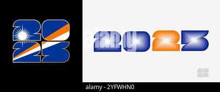 Year 2025 with flag of Marshall Islands and in color palate of Marshall Islands flag. Happy New Year 2025 in two different style. New Year design for Stock Vector