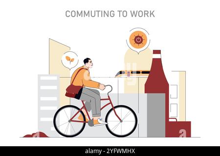 Cycling to Work concept. An urban commuter rides a bicycle through the cityscape, embracing an eco-friendly mode of transport for daily routine. Vector illustration. Stock Vector
