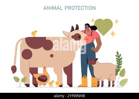 World Vegan Day concept. Woman standing with farm animals promoting compassion and animal rights. Advocacy for ethical treatment of livestock. Vector illustration. Stock Vector