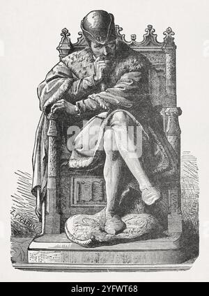 Engraving representing the statue of Louis XI made by Félix Martin. Stock Photo