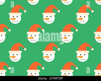 Snowman wearing a Christmas hat seamless pattern. Snowman on a green background wearing red Christmas hats with orange carrot noses. Xmas design for b Stock Vector