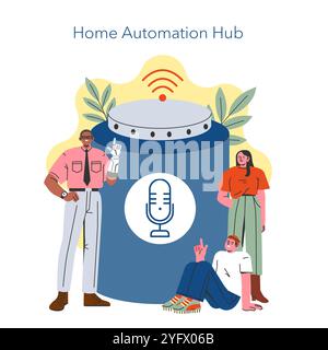 Smart Home Hub concept. People interacting with a central home automation device. Modern technology for convenient living. Vector illustration. Stock Vector