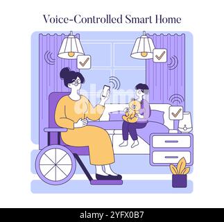AI assistance concept. Disabled woman operates home devices using voice command technology for accessibility. Vector illustration. Stock Vector