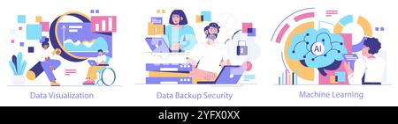 Data Science set. Professionals engaging in data visualization, securing backups, and exploring machine learning. Analytics and digital security insights. Vector illustration. Stock Vector