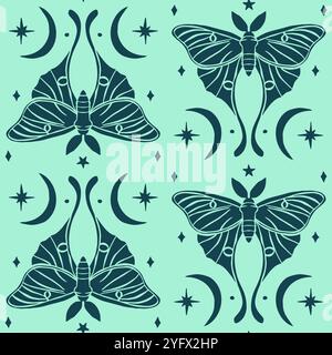 Monochrome seamless pattern with celestial luna moth and paisley motif Stock Vector