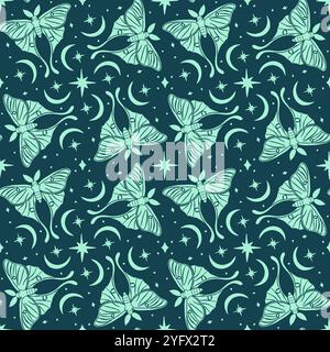 Monochrome seamless pattern with celestial luna moth and paisley motif Stock Vector